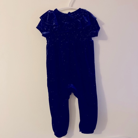 Sparkly Velvet Soft Navy Romper with Ruffle Collar and Snap Bottom - Picture 4 of 5